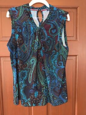 Tommy Hilfiger Teal & Black Paisley Tie-Neck Sleeveless Top